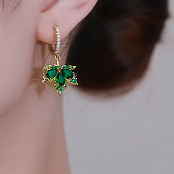 Jewelry - Green Fall Rhinestone Leaf Huggies NIP